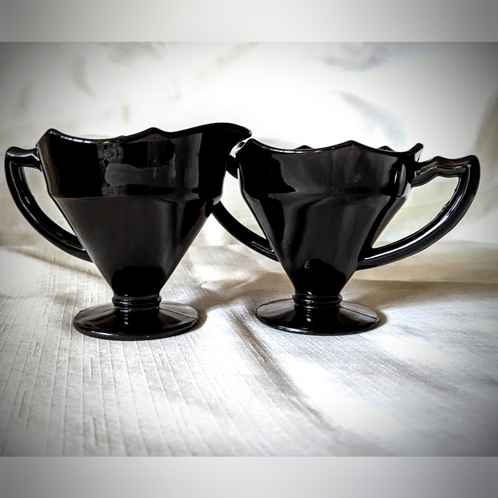 Antique/Vintage Black Glass Ebony Sugar & Creamer Set by Cambridge